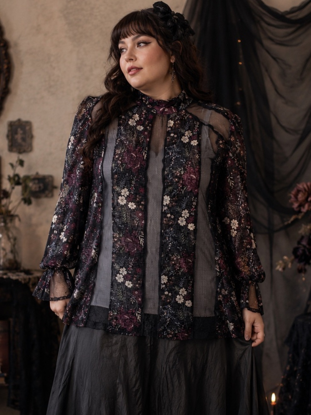 NEXT Mixed Media Fairy Whimsigoth Purple Floral Mock Neck Blouse Size 14